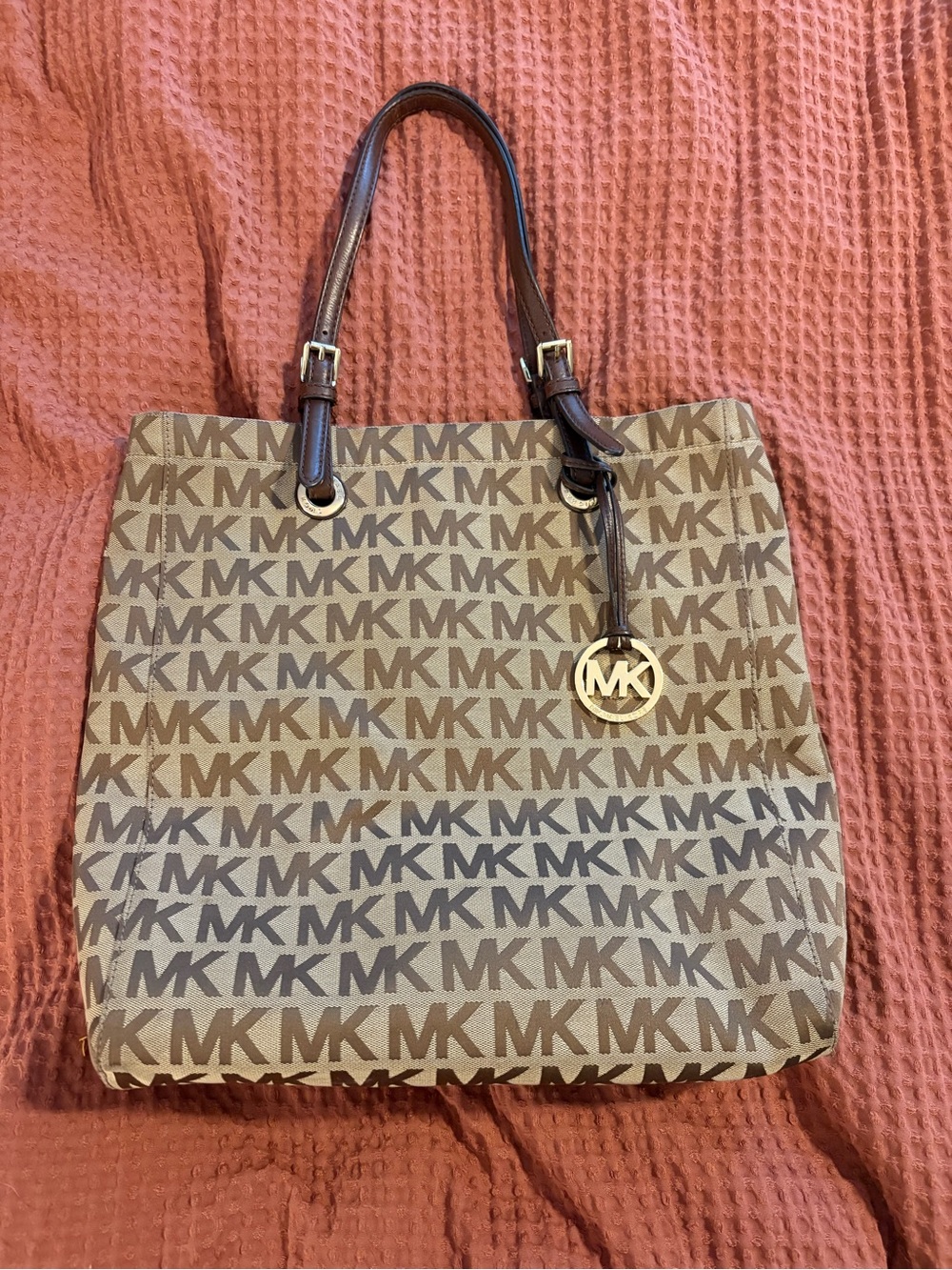Michael Kors Tan and Brown MK Logo Tote with Gold Charm